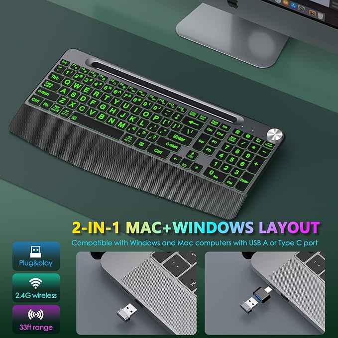 JOYACCESS Large Print Backlit Wireless Keyboard,2.4G Full Size Ergonomic Keyboard with Wrist Rest, 7-Color Light up and Oversiez Letter for Computer Laptop Windows-Black