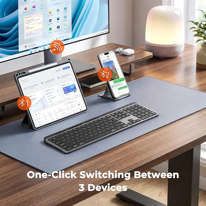 MEETION K9990 Slim Wireless Bluetooth Keyboard, Low Profile Quiet Typing, 3-Device Switching (2.4G+BT), Rechargeable Full Size Keyboard, Scissor Switch, for Windows Mac PC Desktop Laptop Tablet,Black