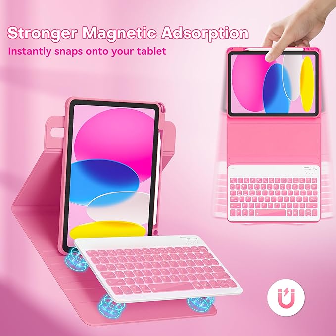 YBING for iPad A16 Case with Keyboard /11th Gen (2025) & iPad 10th Gen 10.9” (2022), 7-Color Backlit Detachable Keypad, 360° Rotating Magnetic Cover with Pencil Holder (Watermelon Red)
