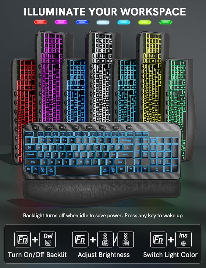 SABLUTE Ergonomic Wireless Keyboard and Mouse Combo - Wave Keyboard with Soft Leather Wrist Rest, Resistant Keys, RGB Backlit Rechargeable Set for PC/Mac/Chromebook (Black)