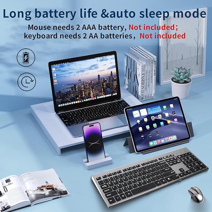 Wireless Keyboard and Mouse Combo 17inch Full Size 2.4G USB Ergonomic Slim Wireless Keyboard for PC Laptop Tablet Desktop Computer,Windows Silver Gray (Black Gray)