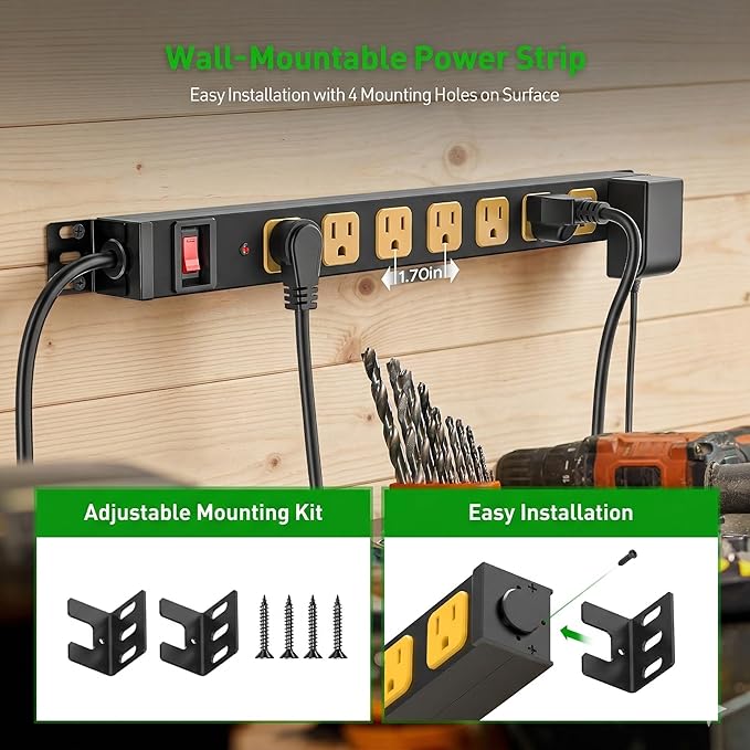 CRST 8 Outlet Heavy Duty 360° Rotating Mountable Power Strip, 2100 Joules Surge Protector Power Strip, 15Amp/1875W Garage Shop Home Power Bar with 6FT 14AWG Cord
