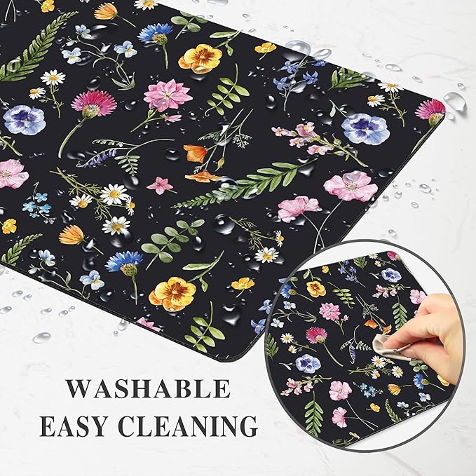 Floral Mouse Pad Mousepad Flower Black Cute Pretty Aesthetic Desk Mat Daisy Plant Botanical Leaf Square Women Laptop Computer Gaming Office Small Portable Non-Slip Wireless Washable Accessories