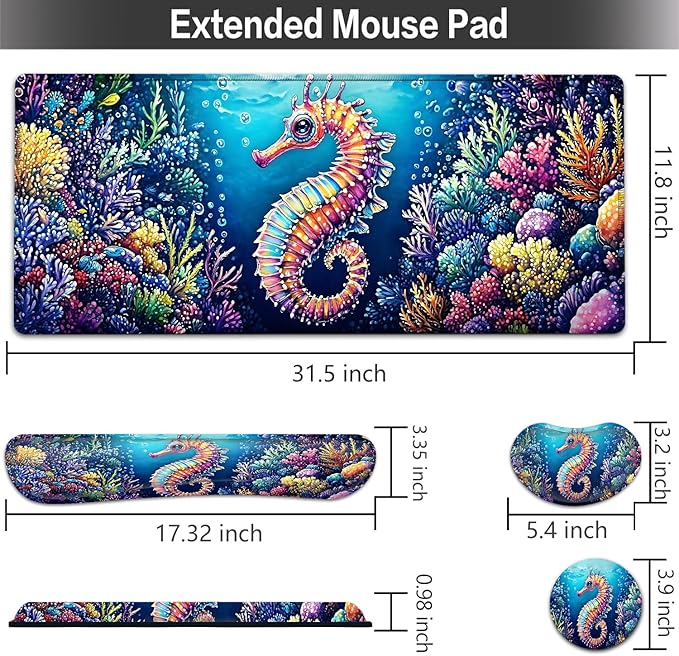 Large Mouse pad and Keyboard Support Set, Ergonomic Memory Foam Keyboard Wrist Rest, Extended Gaming Mouse Pad with Stitched Edges, Cute Seahorse XXL Desk Mat (31.5 X 11.8 in)