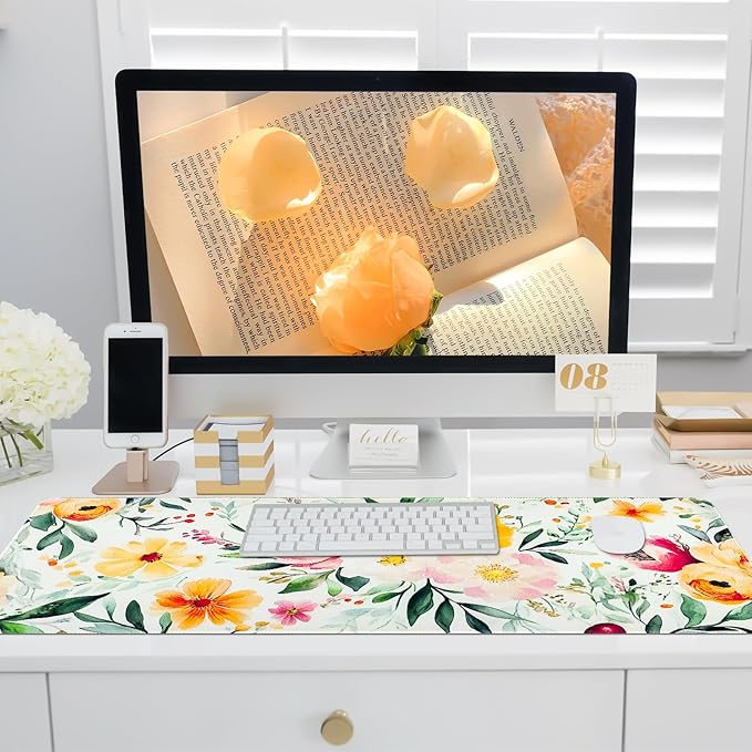 Spring Floral Desk Mat,Cute Large Mouse Pad for Desk, Flower Computer Mousepad with Non-Slip Rubber Base,Girly Keyboard Mouse Pad for Work, Game, Office, Home,31.5 x 11.8 Inch