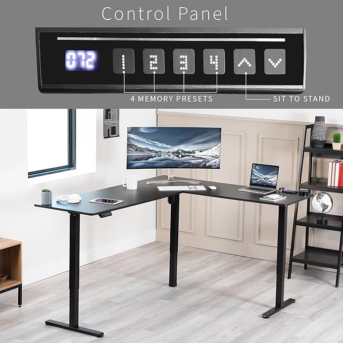 VIVO Corner Standing Desk, 75 x 63 inch Reversible L-Shaped Workstation, Electric Height Adjustment, Home, Office, and Reception Rooms, Black Table Top Black Frame, DESK-E3CTB-75