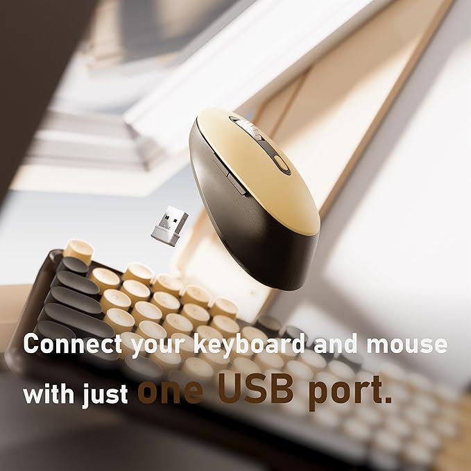 Wireless Keyboard and Mouse Combo, Full-Size 2.4G Set with Number Pad, Long Battery Life, Plug Play for Office and Student Use (Coffee)