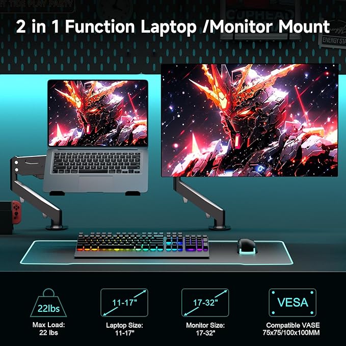 Pholiten Laptop Desk Mount with Gas Spring Arm, 2 in 1 Monitor Laptop Stand for 12-17 inch Notebook and 13-32 inch Computer Screen,Holds 22lbs. Full Motion Monitor Laptop Stand Mount with Vented Tray