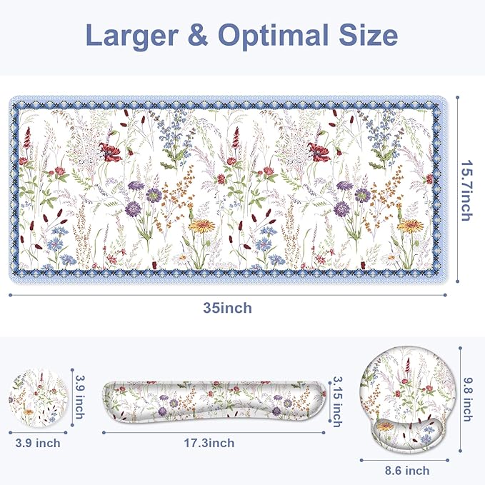 Floral Desk Mat, 4in1 Large Mouse Pad with Wrist Rest, Cute Desk Mat, Anti-Slip XXL Computer Ergonomic Mousepad with Wrist Support for Keyboard and Mouse, Colorful Weeds