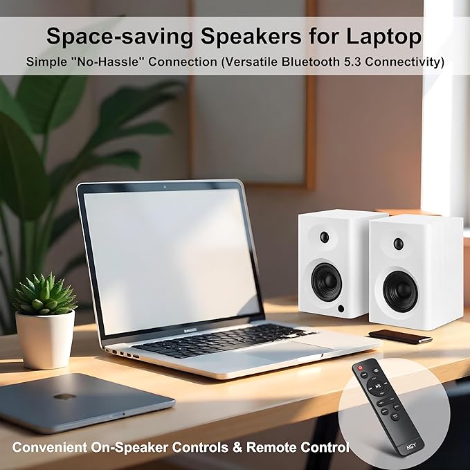 Desktop Speakers for PC, Bookshelf Speakers with Clear Highs & Punchy Bass - 4" Woofer, 80W Peak HiFi Audio for Monitor, Home Theater Sound System and Computer, White Pair