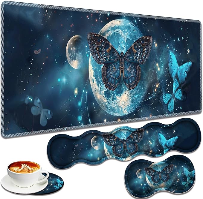 Large Gaming Mouse Pad + Keyboard Wrist Rest + Wrist Support + Coaster Set, Memory Foam Ergonomic for Easy Typing, XXL Extended Gaming Mouse Pad Table Pad - Selenophora Sibirica