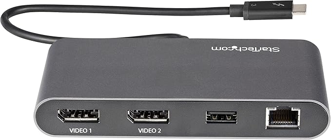 StarTech.com Dual-Monitor Thunderbolt Mini Dock, 4K 60Hz DisplayPort, Driverless Hub for Windows & Mac, Gigabit Ethernet, 1x USB-A (USB 5Gbps), 11in (28cm) Cable