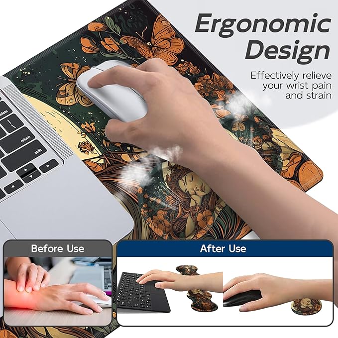 Gaming Mouse Pad Set, Moonlight Girl Large Desk Mat Mousepad, Keyboard Wrist Support, Mouse Wrist Rest, Coaster 4in1 Ergonomic Memory Foam, Non-Slip Stitched Edge for Home Office