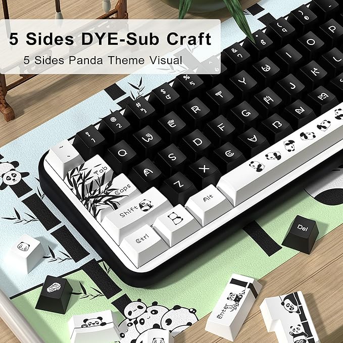 Panda Theme Keycap Set 138 Keys, Cherry Profile PBT Dye-Sub Keycaps for Mechanical Keyboard, 5-Side Sublimation Keycaps Compatible with MX Switch (for 60% 65% TKL 100% Layout)
