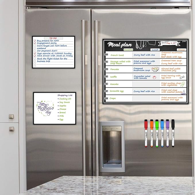 JJPRO Magnetic Dry Erase Meal Planning Whiteboard for Refrigerator-One 14.5x11 Weekly Menu Board and Two Notes Whiteboard for Kitchen Fridge-Refrigerator Organizer with Meal Planner Boards