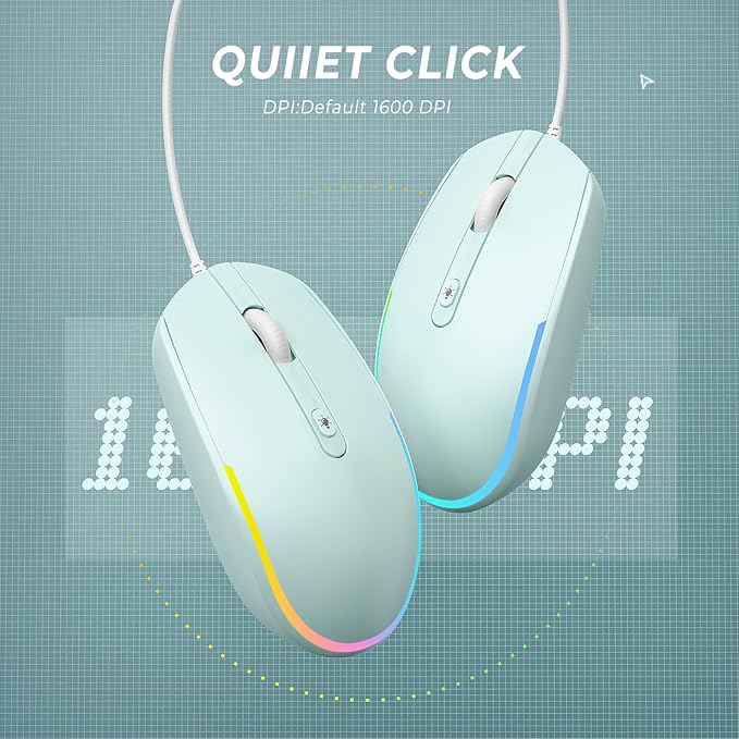 seenda Wired Mouse - USB Computer Mice Wired with RGB Backlit Optical LED Mouse with Attached USB Cord for Laptops Notebooks Chromebook - Mint Green
