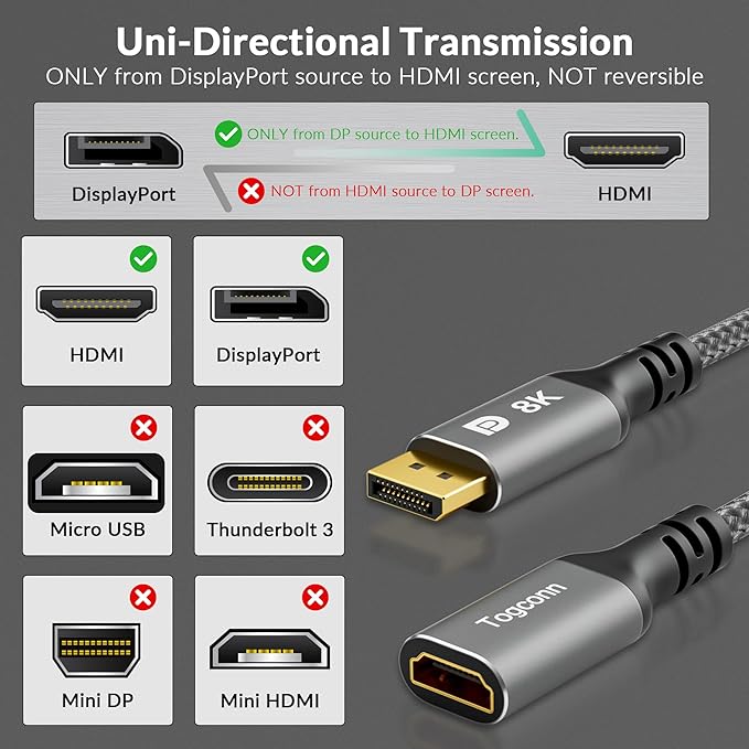 8K DisplayPort to HDMI Adapter, Uni-Directional DP 1.4 Male (Source) to HDMI 2.1 Female (Screen) Converter, DP Male to HDMI Connector 8K@60Hz, 4K@120Hz for PC, Dell, HP, NVIDIA, Laptop and More