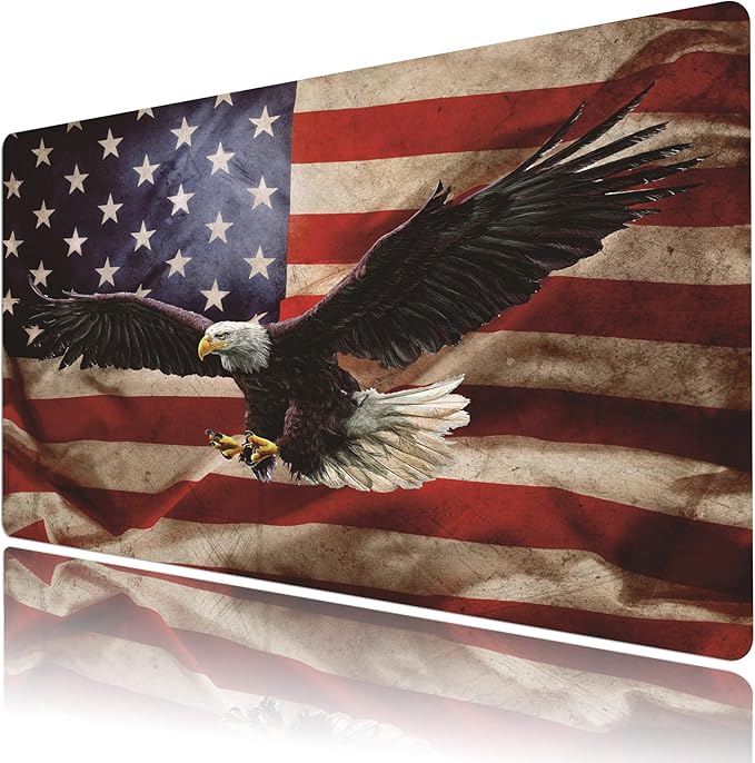 EOBTAIN Gaming Large Mouse Pad Vintage American Flag Desk Mat for Keyboard and Computer 31.5x15.7 Inch Non-Slip Rubber USA Bald Eagles XXL Mousepad with Stitched Edges for Office Laptop and Home