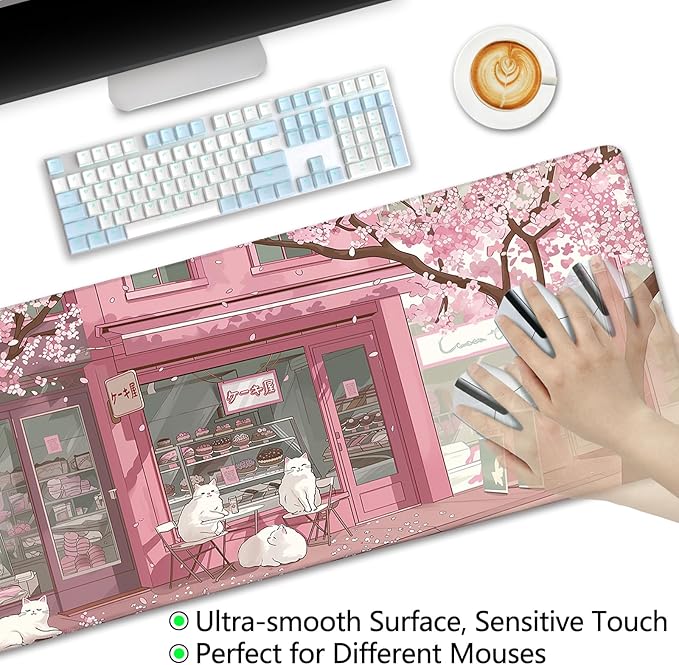 Cat Mouse Pad Large Desk Mat, Pink Cherry Blossom Computer Mousepad with Stitched Edges Non-Slip, Keyboard Mouse Pad for Desktop Cute Office Desk Accessories Japanese Dessert House 31.5in