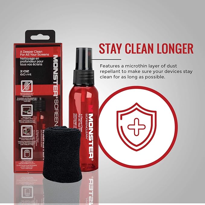 Monster Screen Cleaner Kit, 60 mL, Microfiber Cloth, for HDTVs, Tablets, Laptops, Smartphones, Eyeglasses