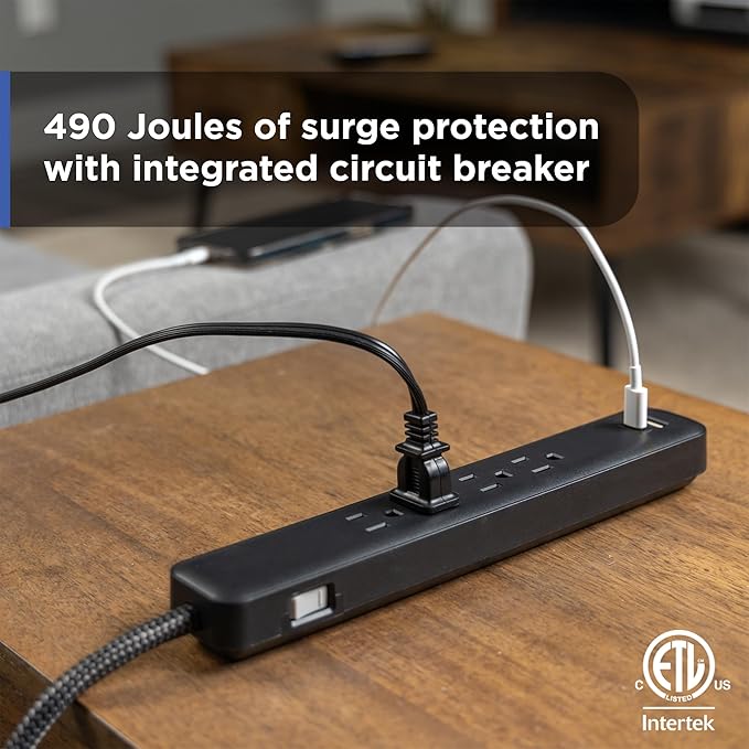 GE Surge Protector Power Strip, 4 Outlets, 1 USB-C & 1 USB-A Port (12W), 490J Protection, 3FT Braided Extension Cord, Flat Plug, Wall Mount, ETL Listed, Black, 84467