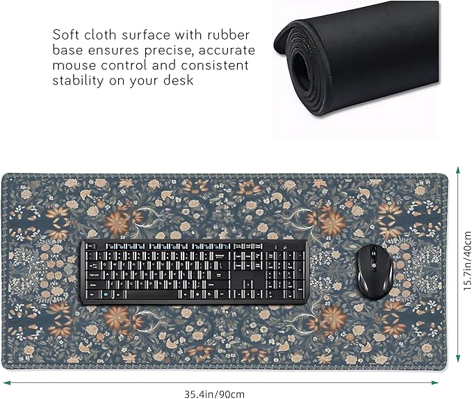 Floral Aesthetic Wildflower Gaming Mouse Pad, Blue Pink Rug Desk Mat with Anti-Slip Base & Stitched Edges, Office & Home Desk Decor for Women, 35.4" x 15.7" in Computer Desktop Mat