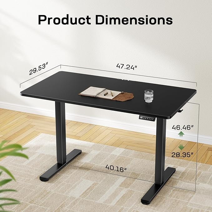 Marsail Standing Desk, Height Adjustable Desk with One-Piece Desktop, 48 x 30 inch Black Sit Stand Desk with 4 Memory Presets for Home Office & Workstations (2 Packages)