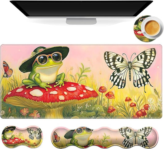 Gaming Mouse Pad Set, Frog Mushroom Large Desk Mat Mousepad, Keyboard Wrist Support, Mouse Wrist Rest, Coaster 4in1 Ergonomic Memory Foam, Non-Slip Stitched Edge for Home Office