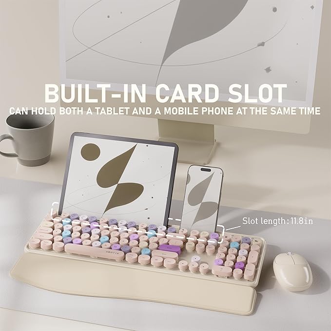 UBOTIE Wireless Keyboard and Mouse Combo with Phone Holder and Wrist Rest, Round Colorful Keys, Power Switches, 2.4GHz USB Receiver, Full-Size QWERTY Layout for PC Laptop(Khaki)