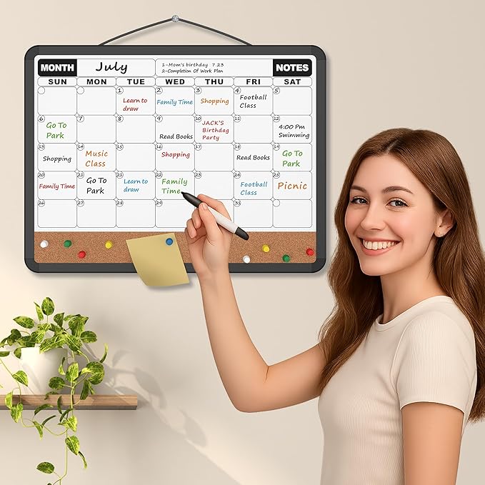 Monthly Calendar Dry Erase Board 16x12 Inch, Double-Sided Whiteboard and Corkboard Combo with Black Plastic Frame, Wall Mounted Planner Organizer with Markers, Magnets, Push Pins, Eraser