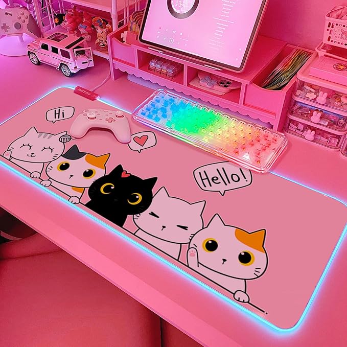 JMIYAV Pink Kawaii Cat RGB Gaming Mouse Pad 31.5x12 Inch PC XL Large Extended Glowing Led Light Up Cool Mouse pad Desk Pad Non-Slip Rubber Computer Mouse Mat Cute Mousepad 31.5x12 Inch