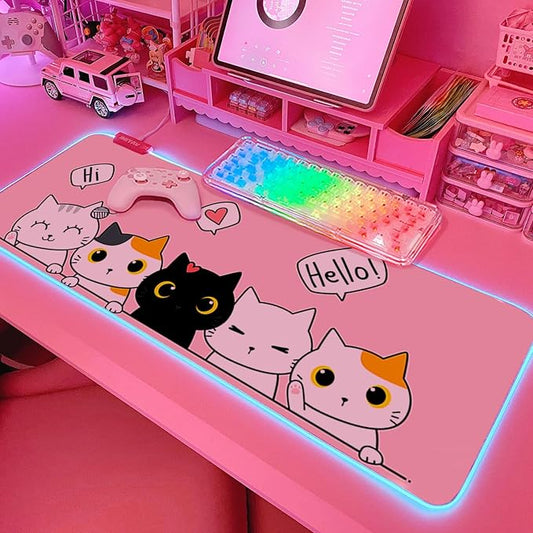 JMIYAV Pink Kawaii Cat RGB Gaming Mouse Pad 31.5x12 Inch PC XL Large Extended Glowing Led Light Up Cool Mouse pad Desk Pad Non-Slip Rubber Computer Mouse Mat Cute Mousepad 31.5x12 Inch