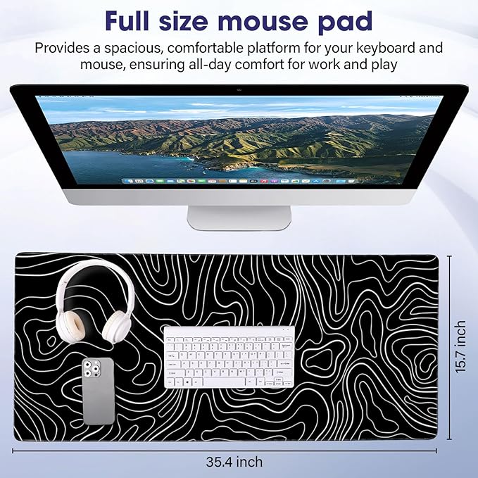 Waterproof Large Gaming Mouse Pad – 35.4" x 15.7" Full Desk Mat, Non-Slip Rubber Base, Stitched Edges, Durable Surface for Esports, Office, Home