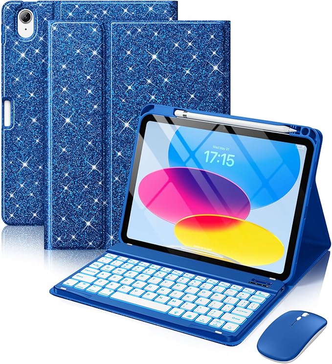Hamile for iPad A16 Case with Keyboard - Mouse Backlit Wireless Detachable Keyboard Glitter Folio Cover with Pencil Holder for iPad 11th Gen A16 11-inch 2025 10th Generation 10.9 Inch 2022 - Blue
