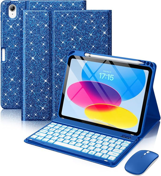 Hamile for iPad A16 Case with Keyboard - Mouse Backlit Wireless Detachable Keyboard Glitter Folio Cover with Pencil Holder for iPad 11th Gen A16 11-inch 2025 10th Generation 10.9 Inch 2022 - Blue
