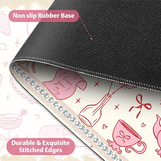 Desk Pad for Keyboard and Mouse, Large Mouse Pad for Desk, Non-Slip Keyboard Mat, Computer Mats for Desk, Cute Desk Pad with Stitched Edges for Office, Gaming I Kawaii Pink Bow Heart
