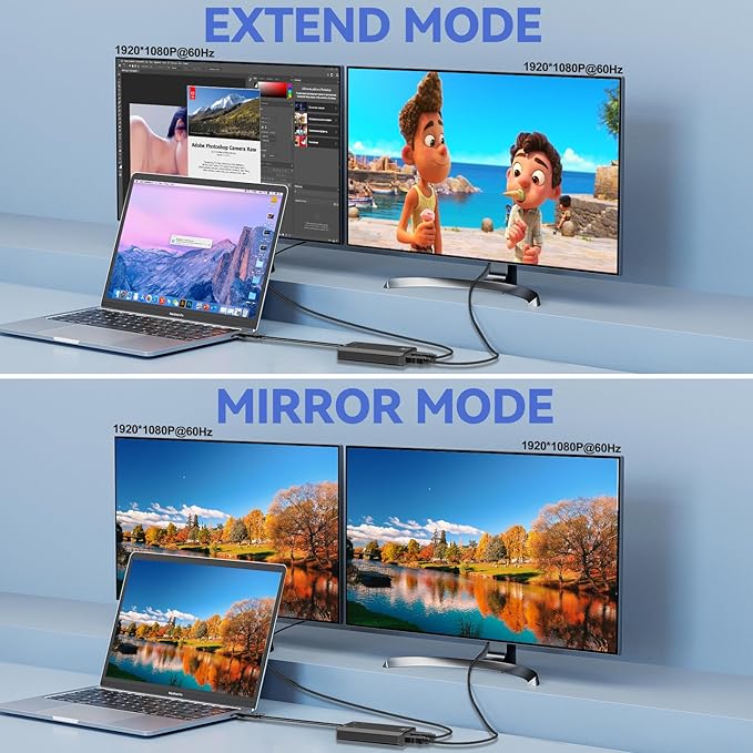 Herfair USB to HDMI Adapter [1080P Full HD] HDMI Splitter for Dual Monitors USB 3.0 to Extended Display Converter 1 in 2 Out Multiple Screen Extender for MacOS/Windows 11/10/8/7 Laptops