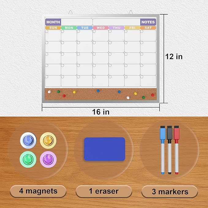 Monthly Calendar Dry Erase Board 16x12 Inch, Double-Sided Whiteboard and Corkboard Combo with Silver Aluminum Frame (Color Calendar), Wall Mounted Planner with Marker, Magnet, Push Pin, Eraser