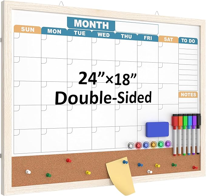 Monthly Calendar Dry Erase Board 24x18 Inch, Double-Sided Whiteboard and Corkboard Combo with White MDF Frame (Color Calendar), Wall Mounted Planner with Marker, Magnet, Push Pin, Eraser