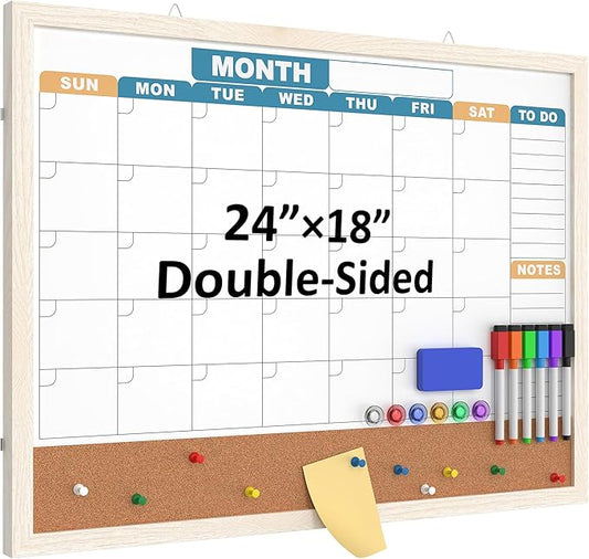 Monthly Calendar Dry Erase Board 24x18 Inch, Double-Sided Whiteboard and Corkboard Combo with White MDF Frame (Color Calendar), Wall Mounted Planner with Marker, Magnet, Push Pin, Eraser