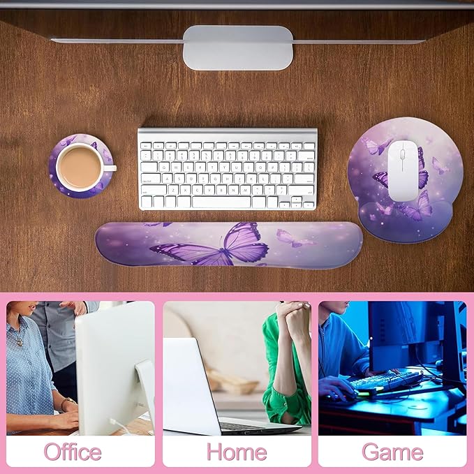 Butterfly Purple Sparkling Keyboard Wrist Rest Pad and Mouse Pad Wrist Support Set,3-in-1 Ergonomic Mouse Pad with Non-Slip Rubber Base for Home Office Game Computers Desk,