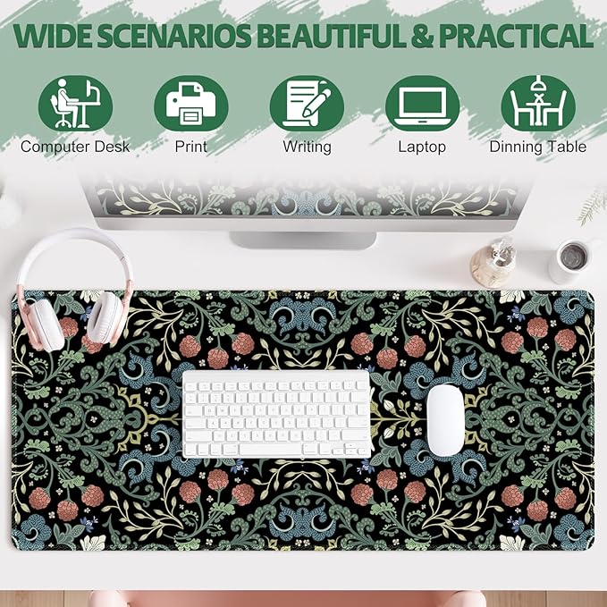 Desk Mat for Keyboard and Mouse, Large Non-Slip Mouse Pad Keyboard Pad, Computer Mats for Desktop, Desk Pad with Stitched Edges for Office, Gaming I Gothic Floral Morris Style