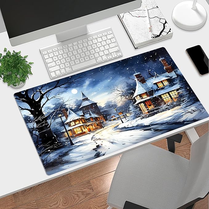 HVEST Winter Mouse Pad for Desk, Winter Snow Scene Desk Mat XL,Large Keyboard and Mouse Pad with Non-Slip Rubber Base and Stitched Edge for Game, Office, Home 31.5'' x 15.7''
