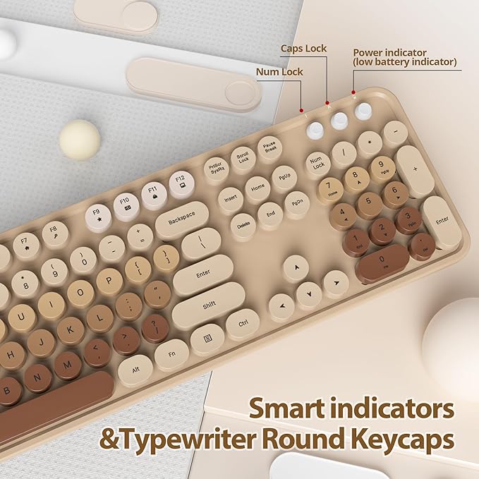 Coffee Brown Keyboard and Mouse Combo Wireless, 2.4G Full Size 104-Key Retro Typewriter Keyboards Round Keys for Students Teenagers Home Office PC Laptop(Coffee)