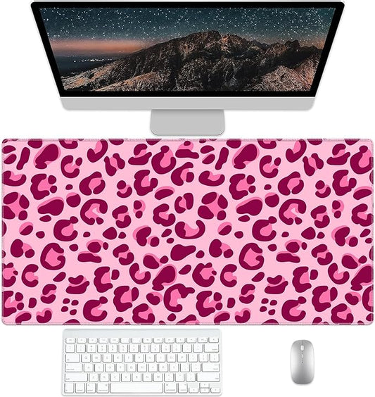 Pink Leopard Desk Pad Protector, Stitched Edges Mouse Pad, Large Office Desk Mat, Non-Slip Desk Blotter, Laptop Desk Pad, Desk Writing Pad for Office and Home (31.5" x 15.7 ")