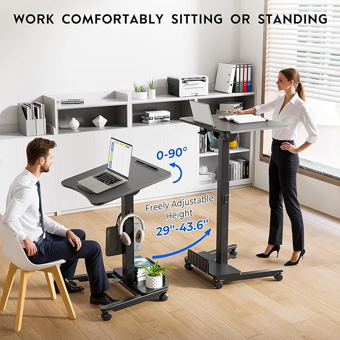 BONTEC Mobile Standing Desk Adjustable Height, Rolling Laptop Cart with Storage Shelf, Hooks, Portable Workstation with Pneumatic Lift, Ergonomic Compact Home Office Desk, Black 23.6" x 20.5"