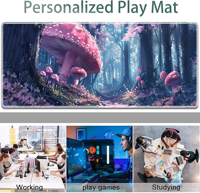 Large Gaming Mouse Pad + Keyboard Wrist Rest + Wrist Support + Coaster Set, Memory Foam Ergonomic for Easy Typing, XXL Extended Gaming Mouse Pad Table Pad - Mushroom Forest