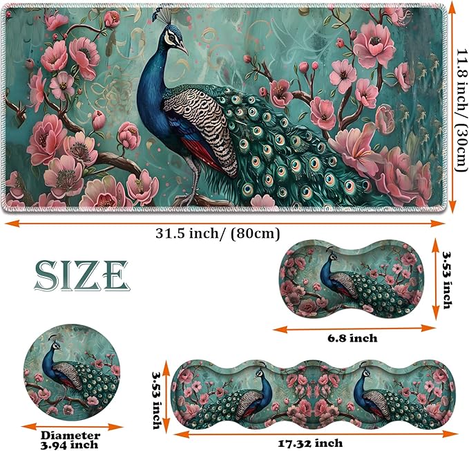 Large Gaming Mouse Pad + Keyboard Wrist Rest + Wrist Support + Coaster Set, Memory Foam Ergonomic for Easy Typing, XXL Extended Gaming Mouse Pad Table Pad - Peacock