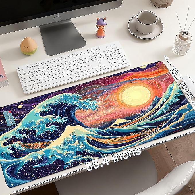 Mouse Pad Gaming - Desk Mat for Keyboard and Mouse - Japanese Sea Wave Large Mouse Pads for Desk, Desks Pad(35.4" X 15.7") with Non-Slip Base, Kanagawa Gaming Mousepad for Game, Office and Home