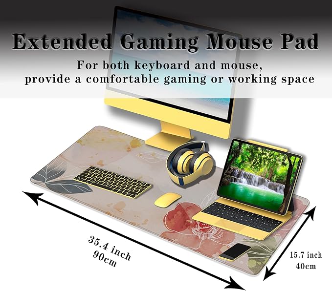 Gaming Mousepad Pink Cute Desk Mat Large Mouse Pads Large Mouse Pad for Woman Keyboard Mouse Pad The Desk Pad Non-Slip Rubber Base 35.4" X 15.7" for Game Office, Floral Watercolor Art